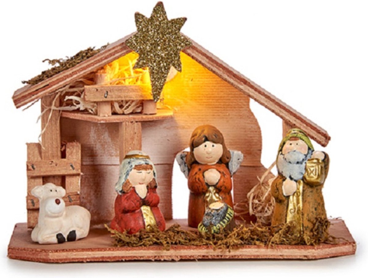 Krist+ Kerststal voor kinderen - met beeldjes en verlichting - 22,5 cm - kinderkamer kerststalletje