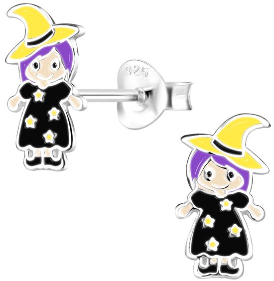 Joy|S - Zilveren halloween oorbellen - heks oorbellen zwart met gele hoed
