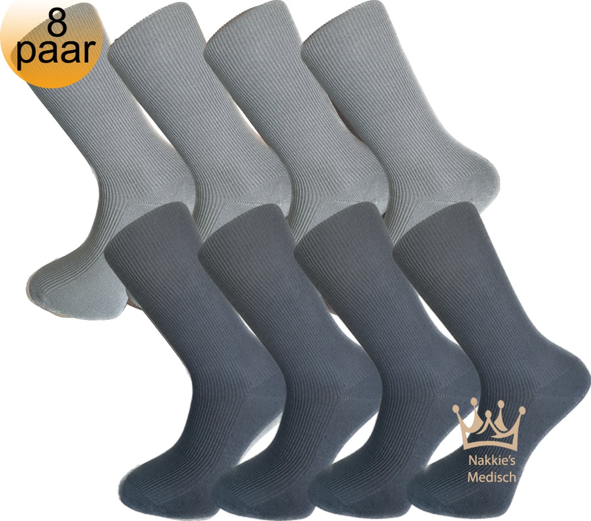 Nakkie's Medische sokken | 100% katoen | 8 paar | Grijs en Antraciet | Maat 39/42 |Sokken voor diabeten | Anti bacterieel | Sokken zonder elastiek | Naadloos