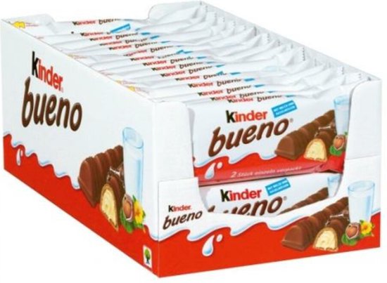 Boîte de barres chocolatées Kinder Bueno, avec 2 barres par paquet.