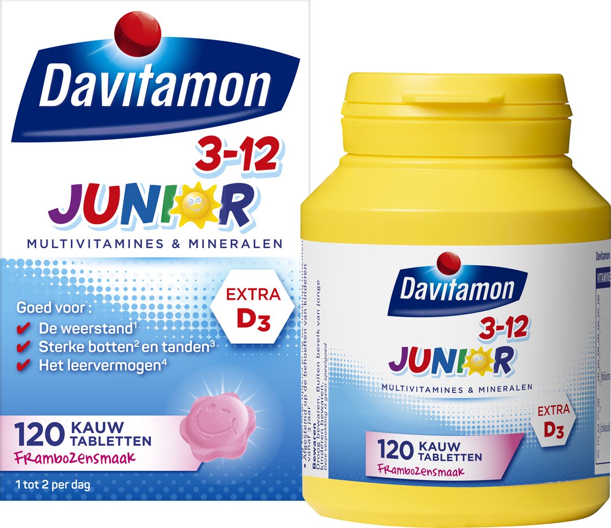 Davitamon Junior 3+ kauwvitamines - multivitamine kinderen - framboos - 120 stuks - Davitamon