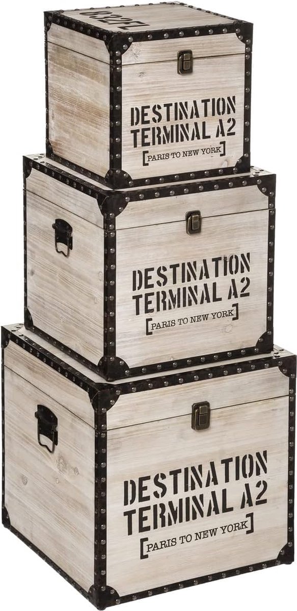 Houten Scheepskisten/opbergkisten - set Destination Terminal A2 - 3 stuks - zware kwaliteit - 38cm x 38cm x 38cm