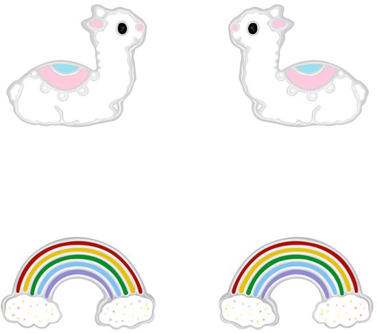 Joy|S - Zilveren oorbellen set - 2 paar - Alpaca oorbellen - Regenboog oorbellen