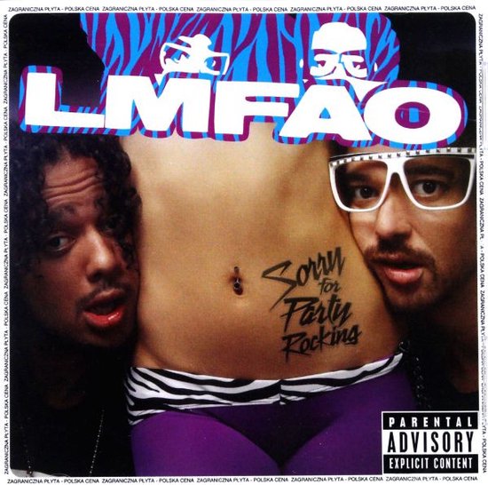 LMFAO albumhoes met twee mannen en een buik met tatoeage 'Sorry for Party Rocking'.