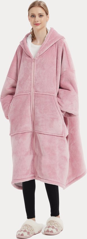 Hoodie Deken Extra LANG met RITS – Hoge Kwaliteit Sherpa Fleece – West - 120 cm – Vrouwen Roze