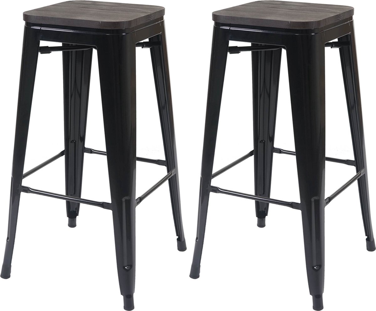 MCW Set van 2 barkrukken MCW-A73 incl. houten zitting, barkruk tegenkruk, metaal industrieel ontwerp stapelbaar ~ zwart