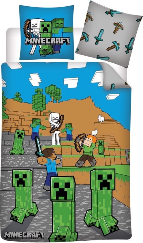 Housse de couette Minecraft - 140 x 200 cm - 100% polyester - taie  d'oreiller 63 x 63