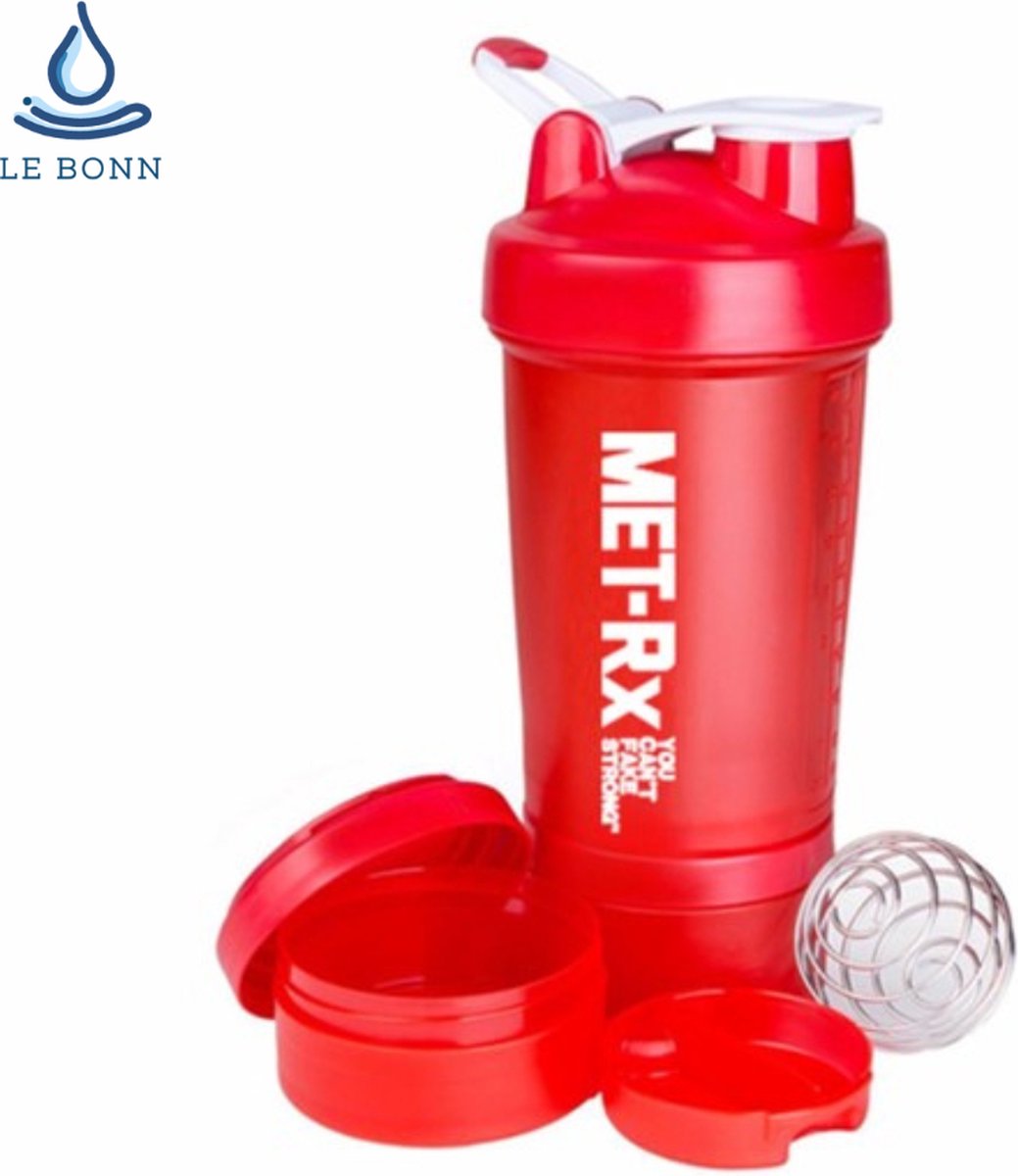Goedkoopste LeBonn SHAKER BOTTLE PRO - ROOD - Eiwitshaker | Bidon | Shakebeker - 650 ml - Lekt niet - Shakebeker met 2 containers, pillendoosje en voor eiwitshakes zonder klonten