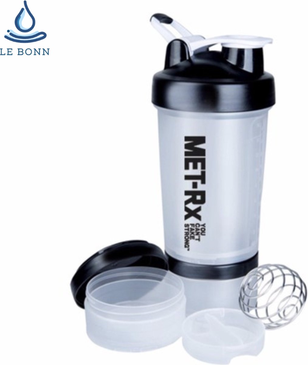 Goedkoopste LeBonn SHAKER BOTTLE PRO - Transparant - Eiwitshaker | Bidon | Shakebeker - 650 ml - Lekt niet - Shakebeker met 2 containers, pillendoosje en voor eiwitshakes zonder klonten.