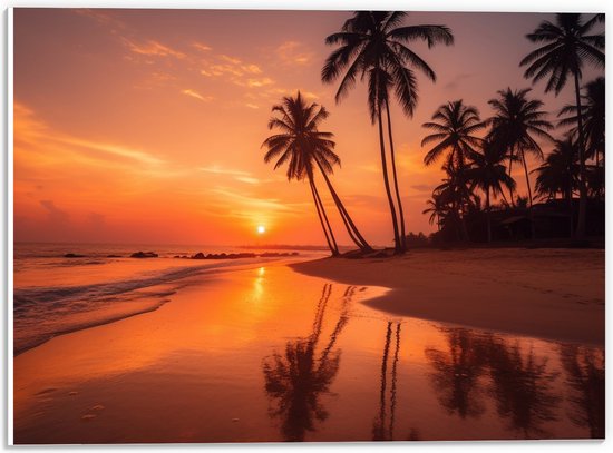 PVC Schuimplaat - Palmbomen - Bomen - Zee - Strand - Zand - Zon - Zonsondergang - 40x30 cm Foto op PVC Schuimplaat (Met Ophangsysteem)