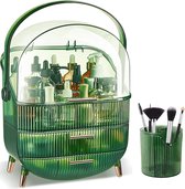 Make-up opbergdoos, draagbare cosmetica-organizer met penseelhouder en laden, 3 verdiepingen dressing-schoonheids-huidverzorgingsorganizer voor badkamer, werkblad, wastafel (retro groen)