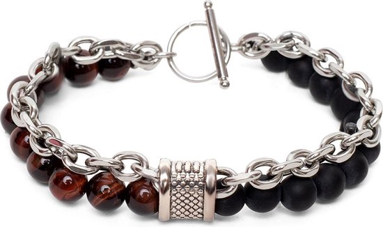 Zentana Balans Armband - Rode Tijgeroog & Onyx - RVS Schakelarmband