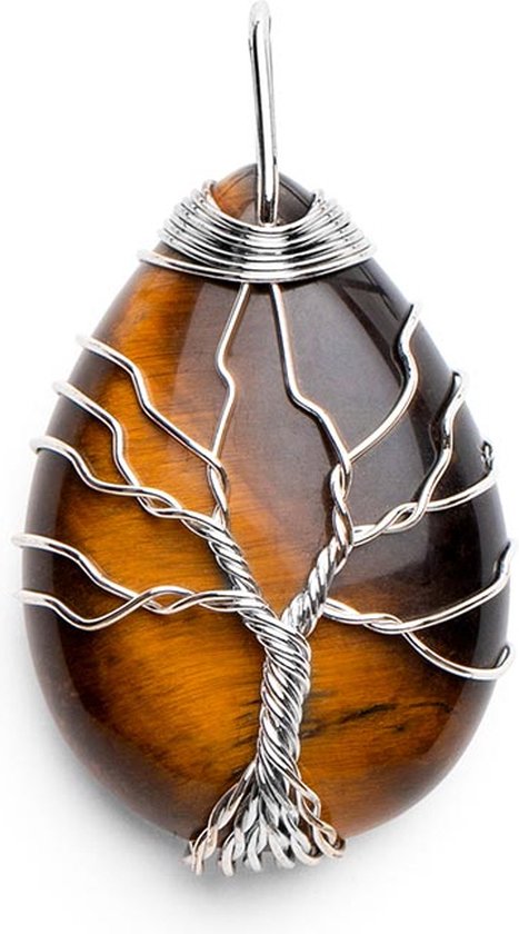 Zentana - Tijgeroog Hanger - Tree Of Life - Druppelvormige Edelsteenhanger - Stabiliteit