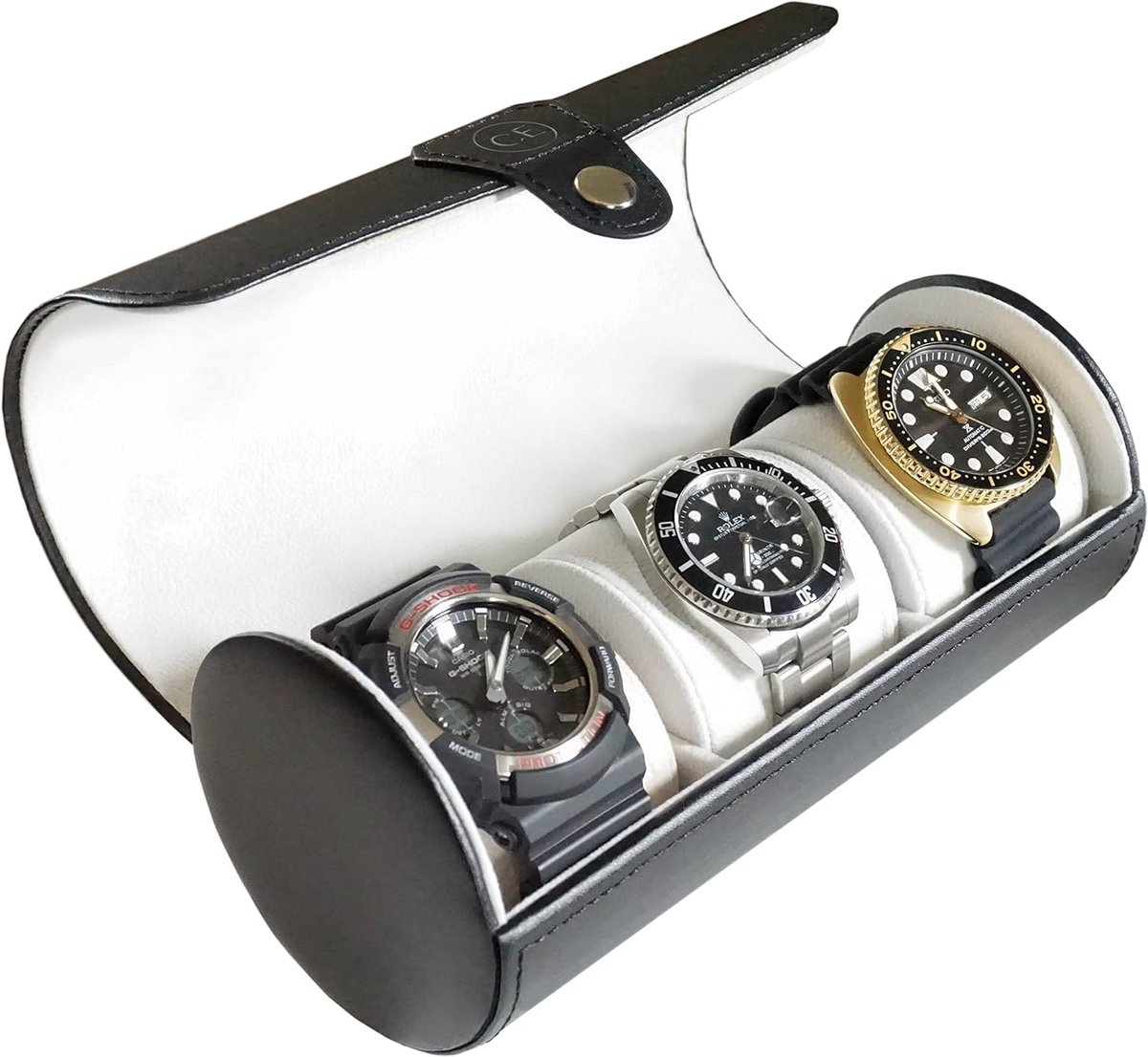 Case Elegance Cilindrische horlogedoos van veganistisch leer in zwart voor 3 horloges - Horloge Box - Watchroll - Horloge Etui