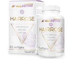 Alldeynn | Hairrose | Softgels | Mix van oliën | 45 stuks | kan betrokken zijn bij Herstel van haar | Mooier Haar | Haarglans | Haar uitstraling | Visueel haar volume | Tegen haar verlies | Nutriworld