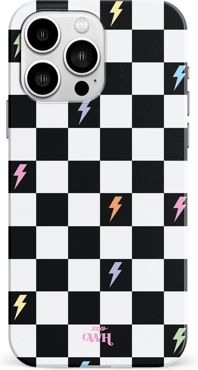 xoxo Wildhearts Thunderstruck - Double Layer - Hard Case geschikt voor iPhone 14 Pro Max hoesje - Bliksem hoesje - Dames hoesje geschikt voor iPhone 14 Pro Max hoesje - Geruit hoesje - beschermhoes - geblokt - zwart / wit
