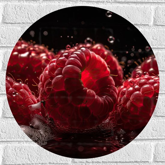Muursticker Cirkel - Frambozen - Fruit - Rood - Water - Druppels - 50x50 cm Foto op Muursticker