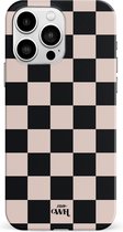 xoxo Wildhearts Block Me Double Layer - Hoesje geschikt voor iPhone 14 Pro Max hoesje - Blokjes print hoesje geschikt voor iPhone 14 Pro Max beschermhoes shockproof case - geblokt - Uniek hoesje met blokjes - zwart / beige
