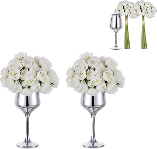 Kleine glazen vaas met bloemen, 2 sets 21 cm, zilveren vaas met witte kunstbloemen, bruiloftstafelstukken, nep-pioenarrangementboeket voor tafelmiddenstuk, feestdecoratie