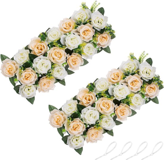 Bruiloft tafelbloemdecoratie 2 stuks champagne & witte kunstbloemen 50 cm lang nep-rozenarrangementen bloemenzijden roos voor bruiloften feest tafelloper receptie eetkamer