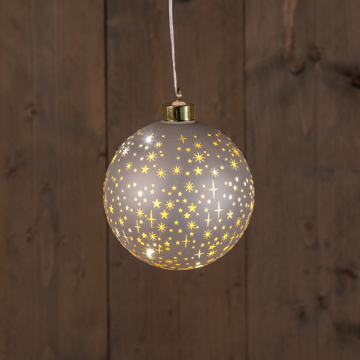LED bal glas champagne sterren 12cm met timer kerstverlichting.