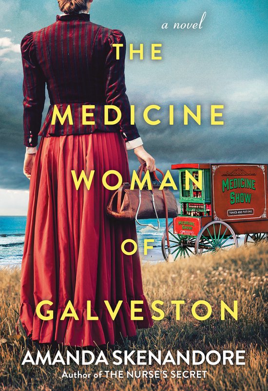 Boekcover van 'The Medicine Woman of Galveston'. Een vrouw in rood met een gestreepte jas draagt een bruine tas. Rechts een medicijnkarretje.