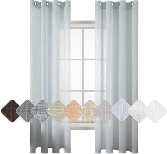 Set de 2 voilages à œillets, aspect lin transparent, rideau avec dessus, pour le salon, transparent, laissant passer la lumière, rideau décoratif pour la chambre, 140 x 215 cm (LxH), bleu clair