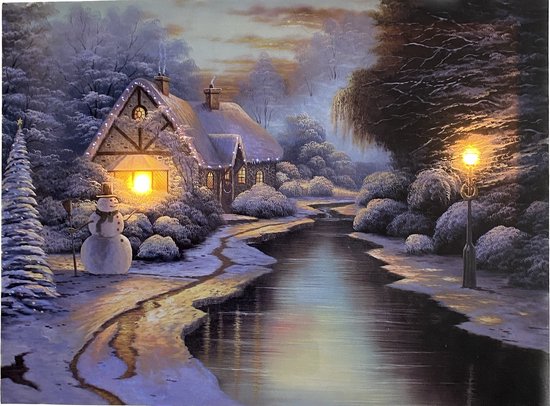Schilderij met led verlichting - Canvas op houten frame - Huisje naast riviertje tijdens zonsondergang - 2 x LED + 30 x Colour change Fiber Optic - 40 x 30 cm - Kerstdorp