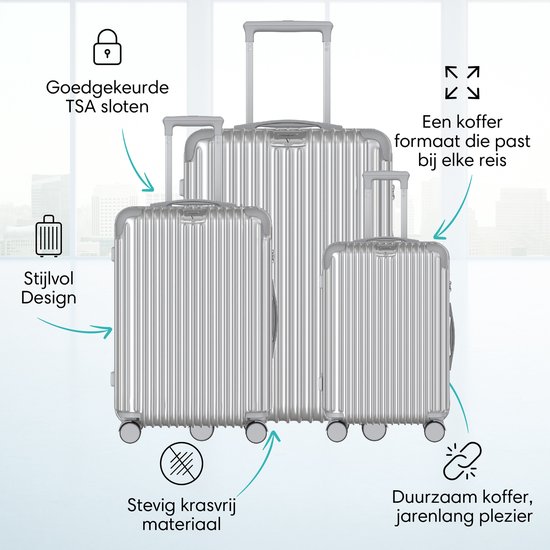 Zilveren koffers met stijlvol design, TSA-slot, krasvrij materiaal.