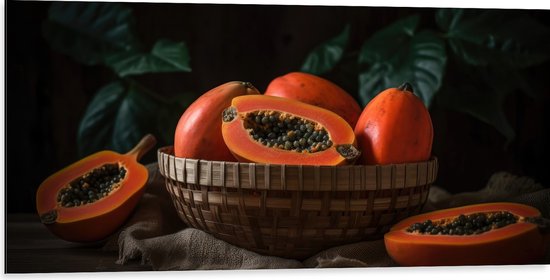 Dibond - Papaja - Fruit - Oranje - Pitten - Mandje - Kleuren - 100x50 cm Foto op Aluminium (Wanddecoratie van metaal)