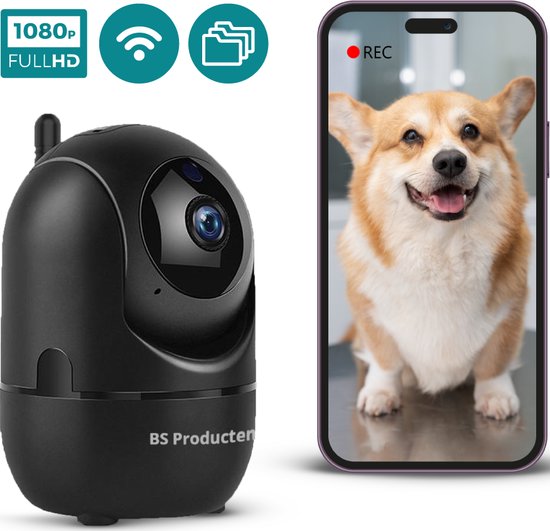 Beveiligingscamera - Huisdiercamera - WiFi - Full HD - Beweeg en geluidsdetectie - Petcam met app - Hondencamera - Bewakingscamera voor Binnen Indoor Camera - Zwart