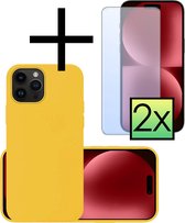 Hoes Geschikt voor iPhone 15 Pro Max Hoesje Cover Siliconen Back Case Hoes Met 2x Screenprotector - Geel