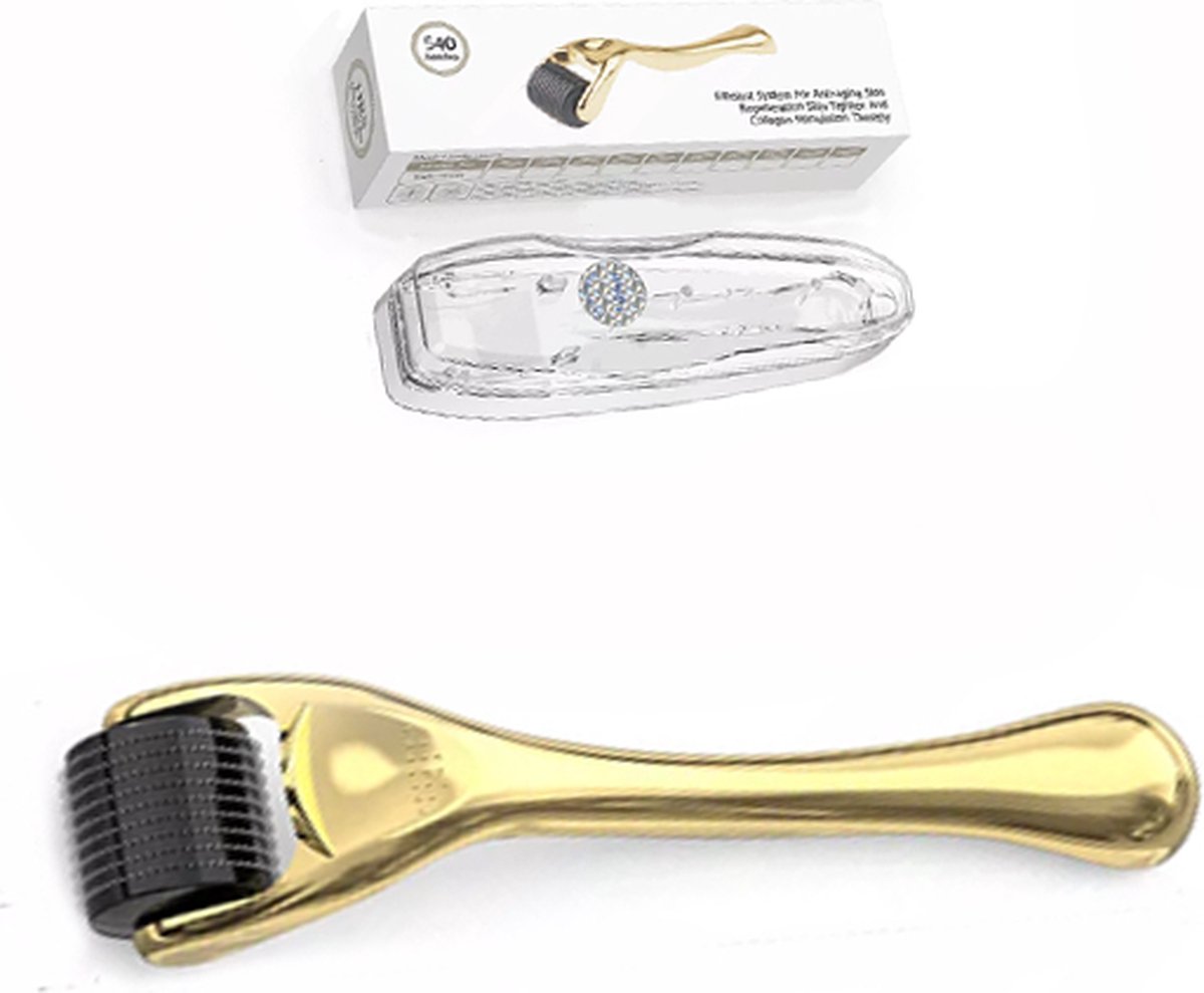 Dermarolling - Deluxe premium gold Titanium dermaroller - 540 naalden- 1 mm incl. Beschermkap en Opbergdoosje - dermaroller haargroei - dermaroller 0.5