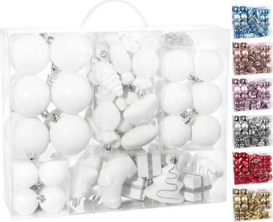 Foto: Brubaker kerstballen 77 delige set kerstboomdecoraties met ballen sterren laarzen dennenappels verpakkingen plastic wit