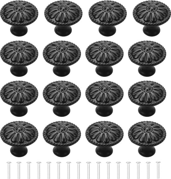 Meubelknoppen Zwart 16-delige kastknoppen Bloemenpatroon Ronde ladegrepen Meubelknop Zwarte dressoirknoppen Ladeknoppenset Kastknoppen voor meubeldressoir