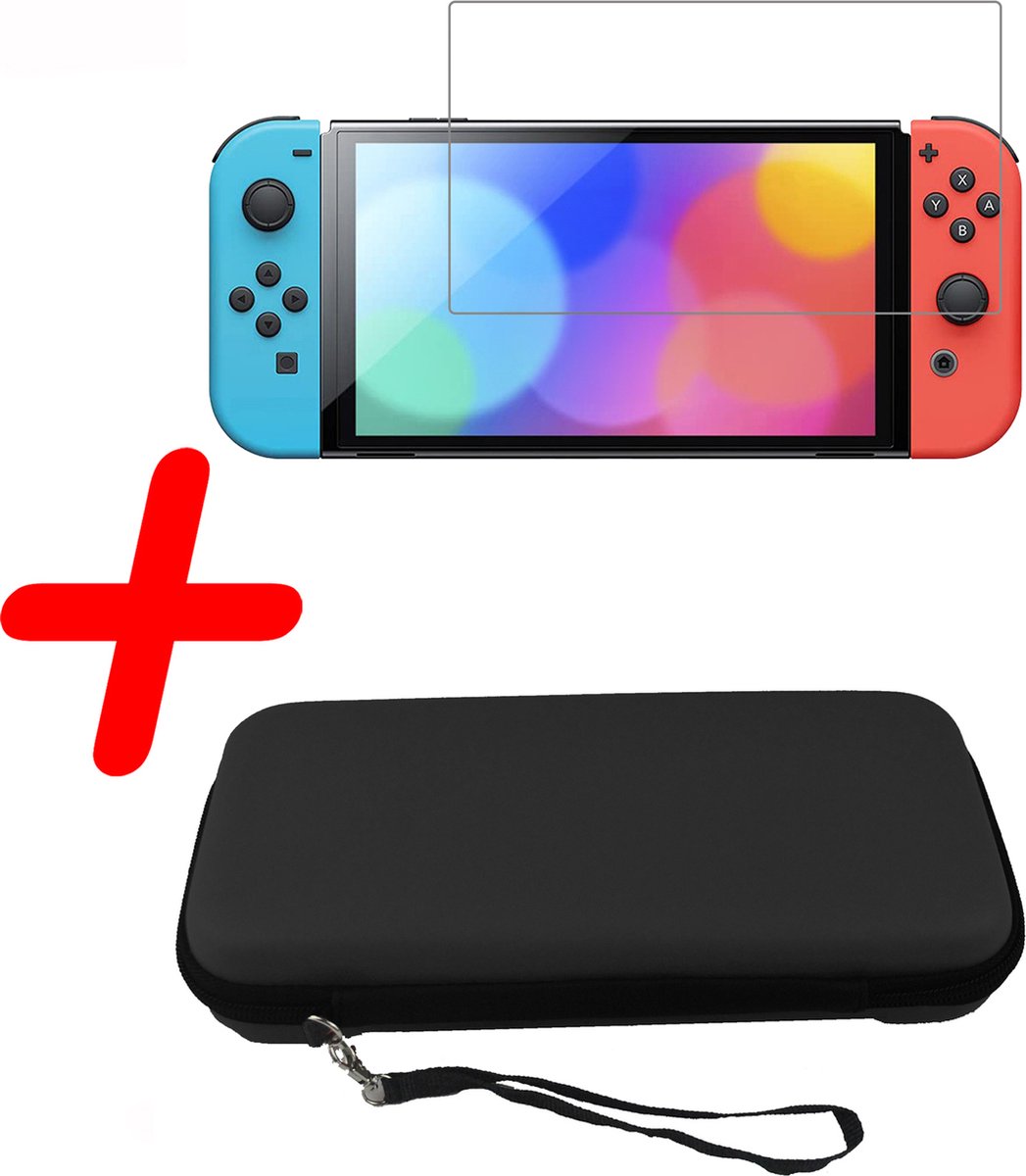 Hoesje Geschikt voor Nintendo Switch OLED Case Hoes Hard Cover Koord Met Screenprotector - Bescherm Case Geschikt voor Nintendo Switch OLED Hoes - Zwart