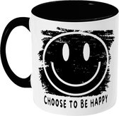 Grappige Mok Met Tekst - Postitieve Quote: Choose To Be Happy - Smiley - 350 ML - Wit Zwart