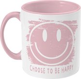 Grappige Mok Met Tekst - Postitieve Quote: Choose To Be Happy - Smiley - 350 ML - Wit Roze