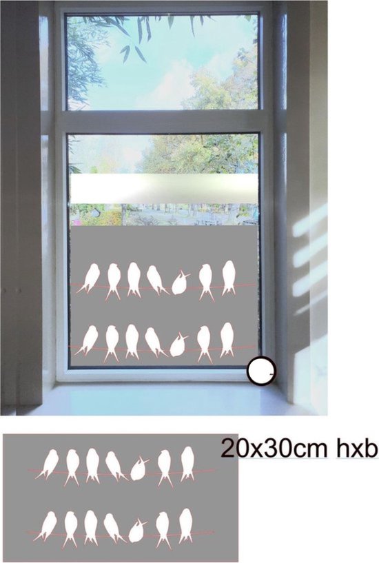 Raam sticker - Muur sticker  Vrolijke vogels op draad - vogel - vogels - dieren -  kleur wit 30x20cm bxh