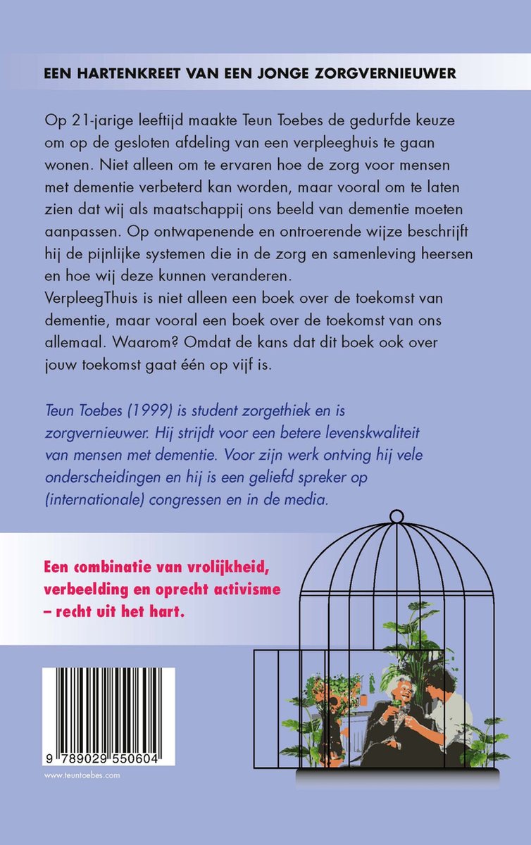Boekomslag met tekst 'Een hartenkreet van een jonge zorgvernieuwer'. Achtergrond is tekst. De tekening toont een kooi met mensen erin.