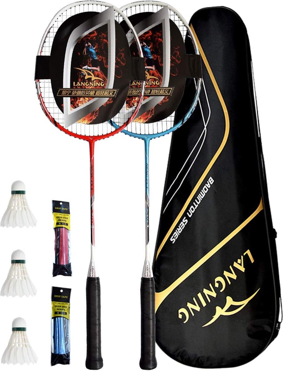 Badmintonracket set 2, shuttles 24 Lbs slechts 85 g, hoge kwaliteit professionele carbon het hele racket is gemaakt van koolstofvezel