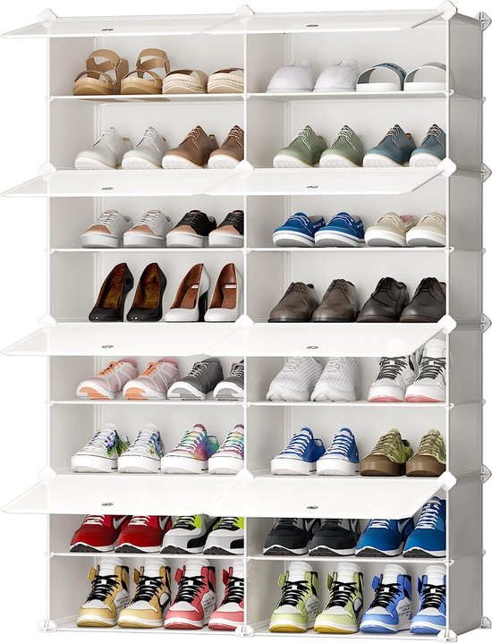 Schoenenkast, doe-het-zelf schoenenrek, plastic kastorganizer voor kast, modulaire schoenenstandaard met deur, schoenendozen, stapelbaar voor hal, slaapkamer, entree (wit, 2 x 8)