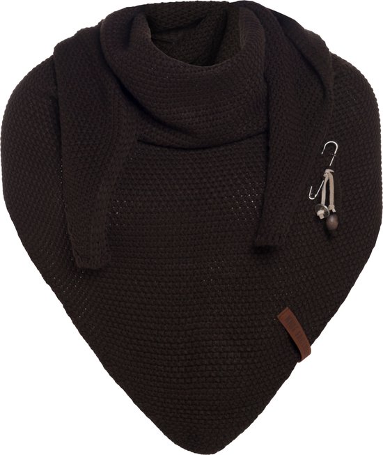 Knit Factory Coco Gebreide Omslagdoek - Driehoek Sjaal Dames - Donkerbruin - 190x85 cm - Inclusief sierspeld