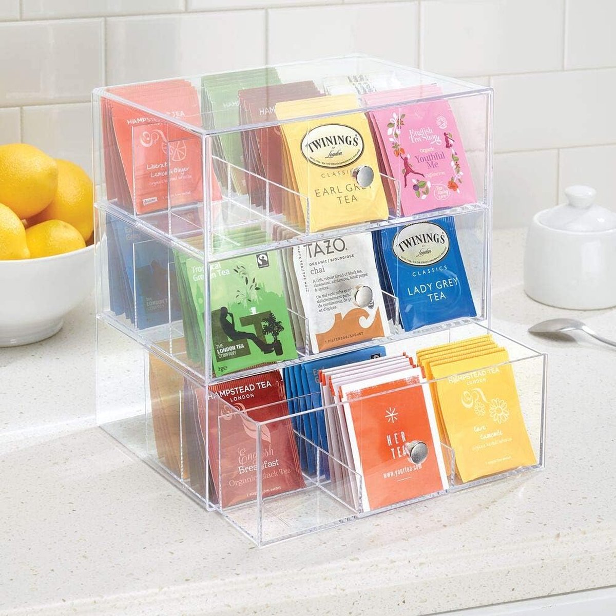 Juwacoo Boîte à Thé En Bois 9 Compartiments - Organisateur Élégant Pour Sachets De Thé 15x15x5 Cm