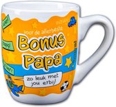 Mok - Drop -Voor de allerbeste bonus Papa - Cartoon - In cadeauverpakking met gekleurd krullint