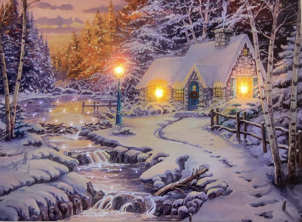 Schilderij met led verlichting - Canvas op houten frame - Huisje in het bos naast een glinsterend beekje - 3 x LED + 30 x Fiber Optic - 40 x 30 cm - Kersthuisjes en Kerstdorp met verlichting