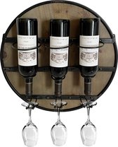 HOMBLE Wijnrek Muur - Wijnglazenhouder - Industrieel Wijnrek Hout - Hangend - Voor 3 Flessen en 3 Glazen