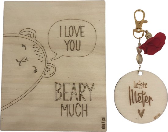 Sleutelhanger en houten kaartje liefste Meter | ROOD | beary much | jij bent de liefste | liefste meter | moolste peter | cadeau