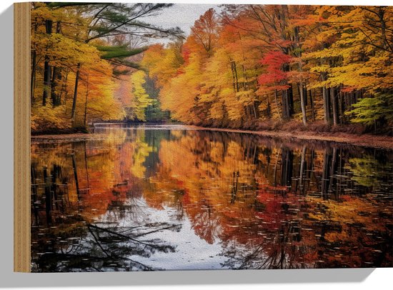 Hout - Water - Bomen - Bos - Herfst - Bladeren - 40x30 cm - 9 mm dik - Foto op Hout (Met Ophangsysteem)