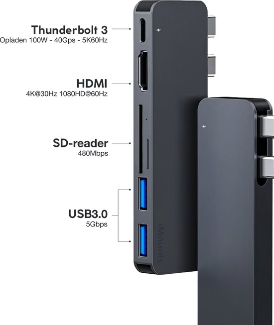 Hub USB-C iMounts MacBook Air M2 - HDMI - USB3. 0 - Lecteur SD - Minuit  Noir / Minuit